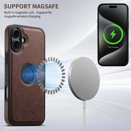 SUTENI G1 For iPhone 16 Plus Case Compatible with MagSafe Cross Texture Leather+TPU Phone Cover