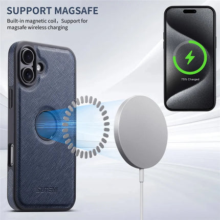 SUTENI G1 For iPhone 16 Plus Case Compatible with MagSafe Cross Texture Leather+TPU Phone Cover