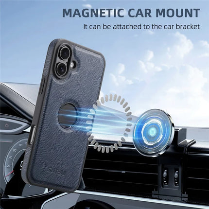 SUTENI G1 For iPhone 16 Plus Case Compatible with MagSafe Cross Texture Leather+TPU Phone Cover