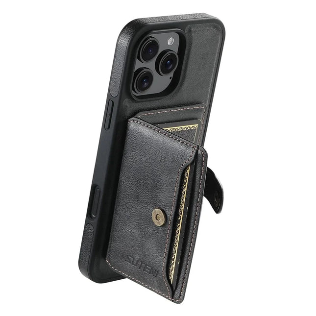 SUTENI M1 For iPhone 16 Pro Max Magnetic Case Detachable Card Bag Waxy Texture Leather+TPU Cover - Black