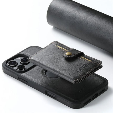 SUTENI M1 For iPhone 16 Pro Max Magnetic Case Detachable Card Bag Waxy Texture Leather+TPU Cover