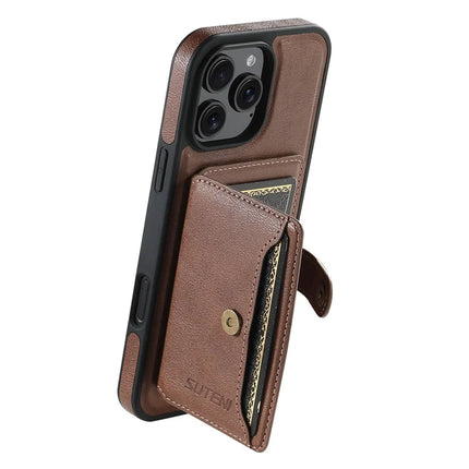 SUTENI M1 For iPhone 16 Pro Max Magnetic Case Detachable Card Bag Waxy Texture Leather+TPU Cover - Brown
