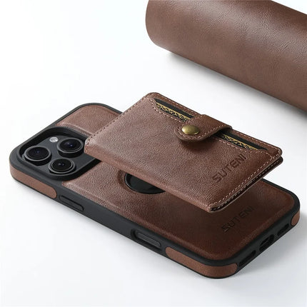 SUTENI M1 For iPhone 16 Pro Max Magnetic Case Detachable Card Bag Waxy Texture Leather+TPU Cover