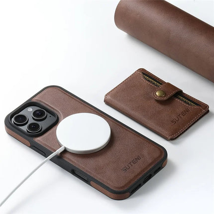 SUTENI M1 For iPhone 16 Pro Max Magnetic Case Detachable Card Bag Waxy Texture Leather+TPU Cover