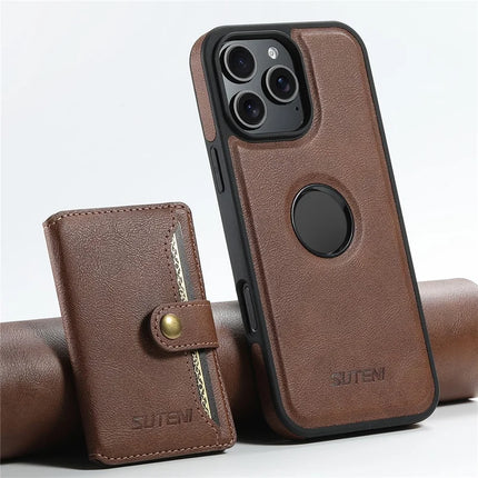 SUTENI M1 For iPhone 16 Pro Max Magnetic Case Detachable Card Bag Waxy Texture Leather+TPU Cover