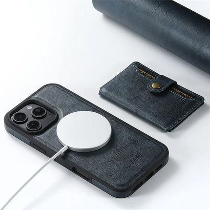SUTENI M1 For iPhone 16 Pro Max Magnetic Case Detachable Card Bag Waxy Texture Leather+TPU Cover
