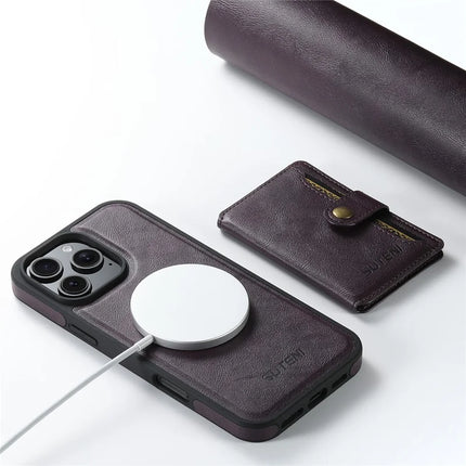 SUTENI M1 For iPhone 16 Pro Max Magnetic Case Detachable Card Bag Waxy Texture Leather+TPU Cover