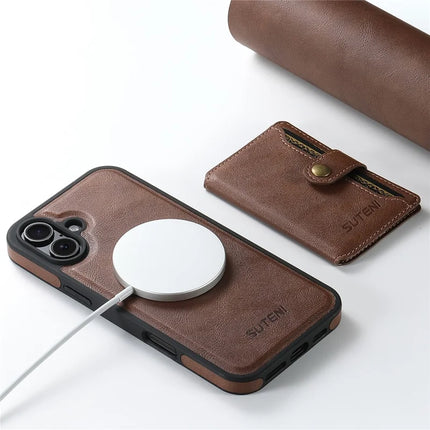 SUTENI M1 For iPhone 16 Magnetic Case Detachable Card Bag Waxy Texture Leather+TPU Cover