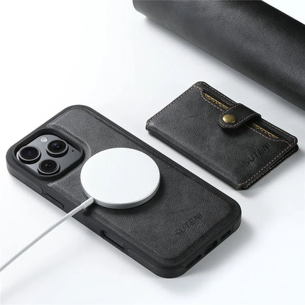 SUTENI M1 For iPhone 16 Pro Magnetic Case Detachable Card Bag Waxy Texture Leather+TPU Cover