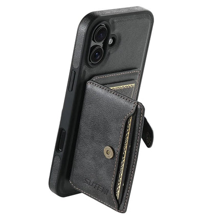 SUTENI M1 For iPhone 16 Plus Magnetic Case Detachable Card Bag Waxy Texture Leather+TPU Cover - Black