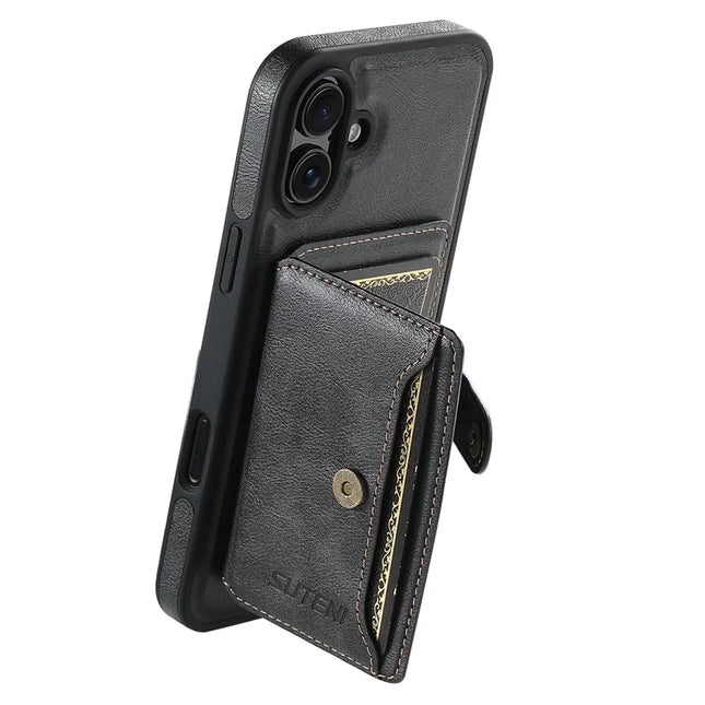 SUTENI M1 For iPhone 16 Plus Magnetic Case Detachable Card Bag Waxy Texture Leather+TPU Cover - Black