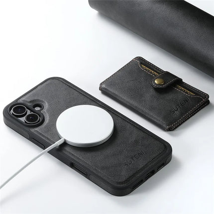 SUTENI M1 For iPhone 16 Plus Magnetic Case Detachable Card Bag Waxy Texture Leather+TPU Cover