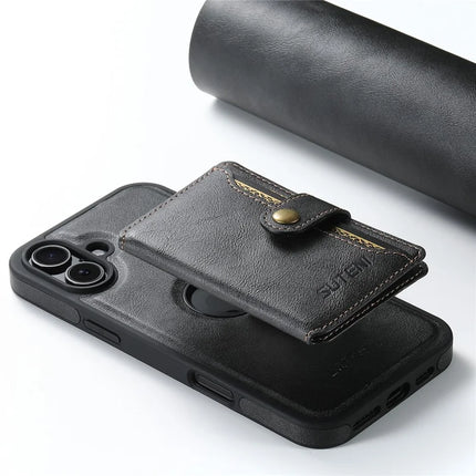SUTENI M1 For iPhone 16 Plus Magnetic Case Detachable Card Bag Waxy Texture Leather+TPU Cover