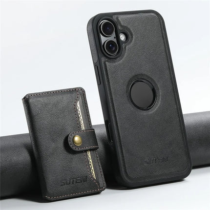 SUTENI M1 For iPhone 16 Plus Magnetic Case Detachable Card Bag Waxy Texture Leather+TPU Cover