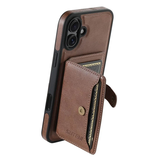 SUTENI M1 For iPhone 16 Plus Magnetic Case Detachable Card Bag Waxy Texture Leather+TPU Cover - Brown