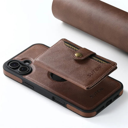 SUTENI M1 For iPhone 16 Plus Magnetic Case Detachable Card Bag Waxy Texture Leather+TPU Cover