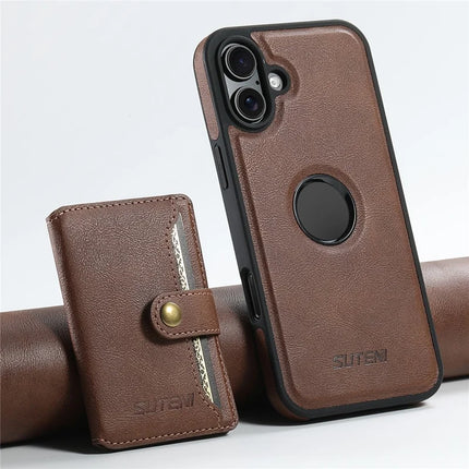SUTENI M1 For iPhone 16 Plus Magnetic Case Detachable Card Bag Waxy Texture Leather+TPU Cover