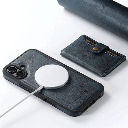 SUTENI M1 For iPhone 16 Plus Magnetic Case Detachable Card Bag Waxy Texture Leather+TPU Cover