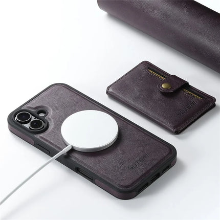 SUTENI M1 For iPhone 16 Plus Magnetic Case Detachable Card Bag Waxy Texture Leather+TPU Cover