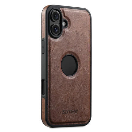 SUTENI G1 For iPhone 16 Plus Magnetic Case Waxy Texture Leather Coated TPU Phone Cover - Brown