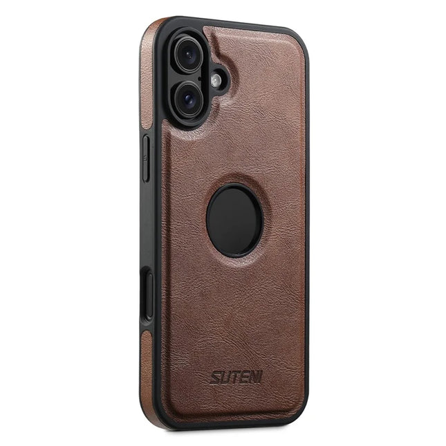 SUTENI G1 For iPhone 16 Plus Magnetic Case Waxy Texture Leather Coated TPU Phone Cover - Brown