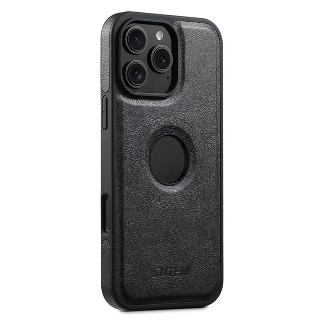 SUTENI G1 For iPhone 16 Pro Max Magnetic Case Waxy Texture Leather Coated TPU Phone Cover - Black