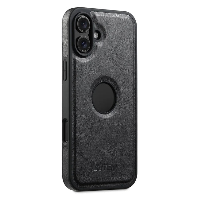 SUTENI G1 For iPhone 16 Magnetic Case Waxy Texture Leather Coated TPU Phone Cover - Black