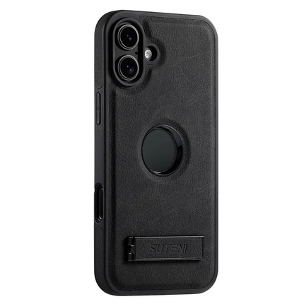 SUTENI G2 For iPhone 16 Plus Magnetic Case Kickstand Litchi Texture Leather+TPU Cover - Black
