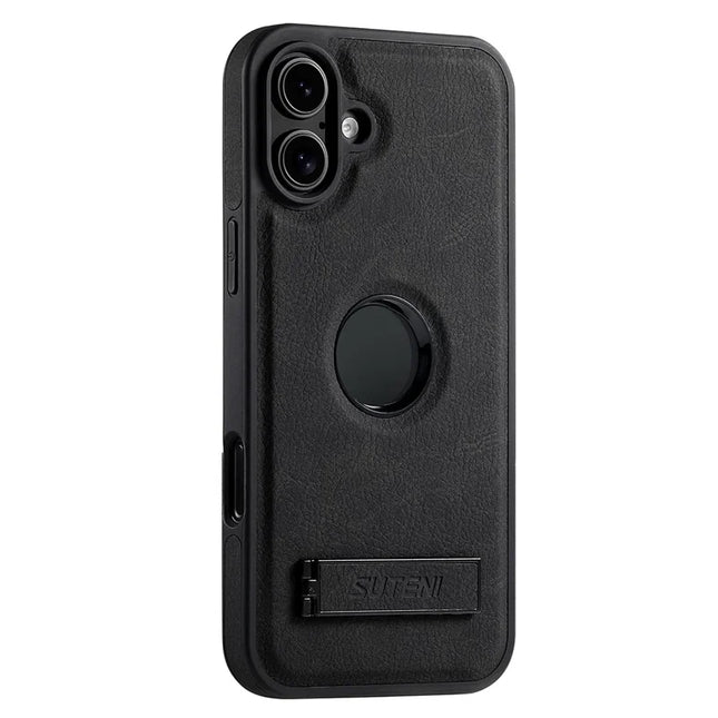 SUTENI G2 For iPhone 16 Plus Magnetic Case Kickstand Litchi Texture Leather+TPU Cover - Black