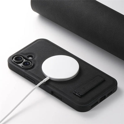 SUTENI G2 For iPhone 16 Plus Magnetic Case Kickstand Litchi Texture Leather+TPU Cover