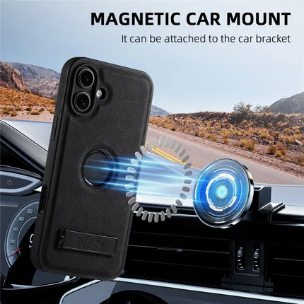 SUTENI G2 For iPhone 16 Plus Magnetic Case Kickstand Litchi Texture Leather+TPU Cover