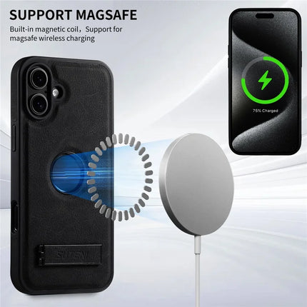 SUTENI G2 For iPhone 16 Plus Magnetic Case Kickstand Litchi Texture Leather+TPU Cover