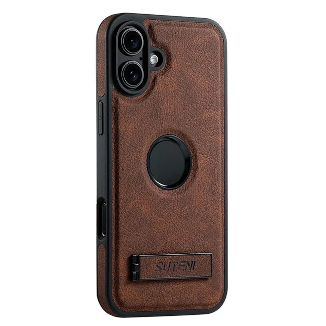 SUTENI G2 For iPhone 16 Plus Magnetic Case Kickstand Litchi Texture Leather+TPU Cover - Brown