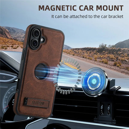 SUTENI G2 For iPhone 16 Plus Magnetic Case Kickstand Litchi Texture Leather+TPU Cover