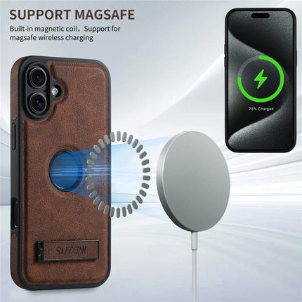 SUTENI G2 For iPhone 16 Plus Magnetic Case Kickstand Litchi Texture Leather+TPU Cover