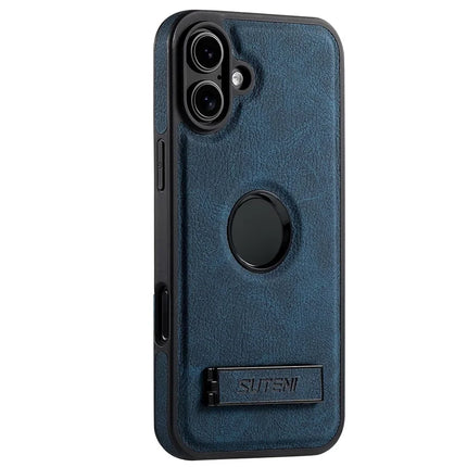 SUTENI G2 For iPhone 16 Plus Magnetic Case Kickstand Litchi Texture Leather+TPU Cover - Blue