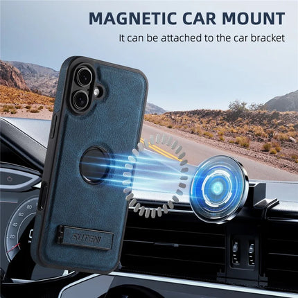 SUTENI G2 For iPhone 16 Plus Magnetic Case Kickstand Litchi Texture Leather+TPU Cover