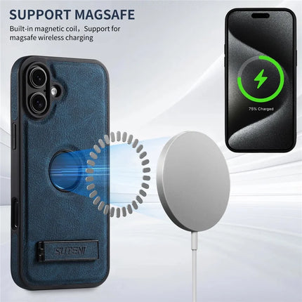 SUTENI G2 For iPhone 16 Plus Magnetic Case Kickstand Litchi Texture Leather+TPU Cover