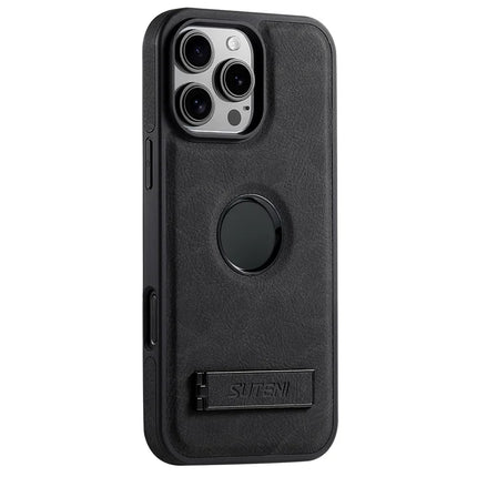 SUTENI G2 For iPhone 16 Pro Max Magnetic Case Kickstand Litchi Texture Leather+TPU Cover - Black