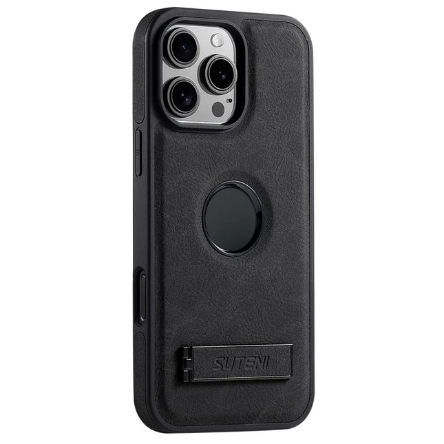 SUTENI G2 For iPhone 16 Pro Max Magnetic Case Kickstand Litchi Texture Leather+TPU Cover - Black