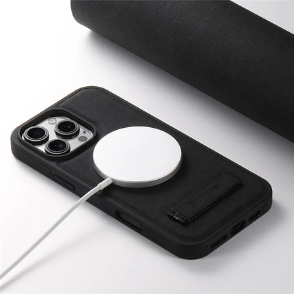 SUTENI G2 For iPhone 16 Pro Max Magnetic Case Kickstand Litchi Texture Leather+TPU Cover