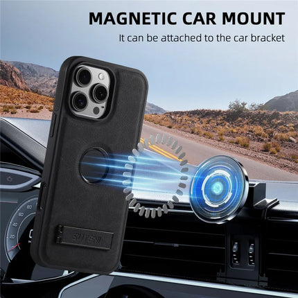SUTENI G2 For iPhone 16 Pro Max Magnetic Case Kickstand Litchi Texture Leather+TPU Cover