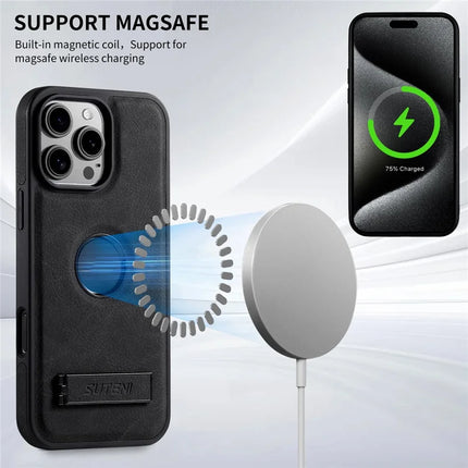 SUTENI G2 For iPhone 16 Pro Max Magnetic Case Kickstand Litchi Texture Leather+TPU Cover