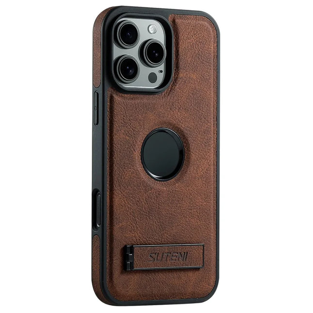 SUTENI G2 For iPhone 16 Pro Max Magnetic Case Kickstand Litchi Texture Leather+TPU Cover - Brown