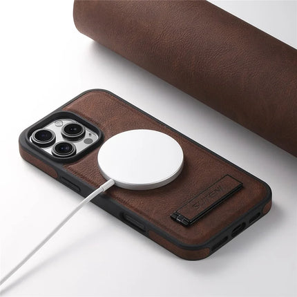SUTENI G2 For iPhone 16 Pro Max Magnetic Case Kickstand Litchi Texture Leather+TPU Cover