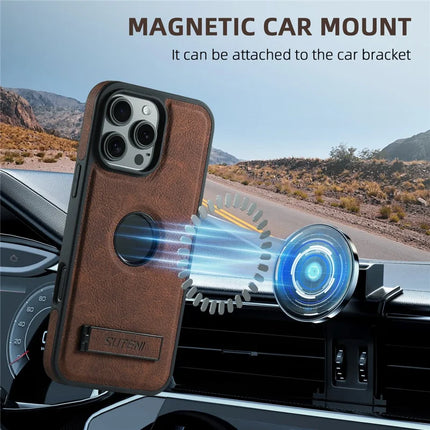 SUTENI G2 For iPhone 16 Pro Max Magnetic Case Kickstand Litchi Texture Leather+TPU Cover