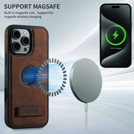 SUTENI G2 For iPhone 16 Pro Max Magnetic Case Kickstand Litchi Texture Leather+TPU Cover