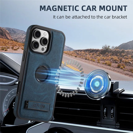SUTENI G2 For iPhone 16 Pro Max Magnetic Case Kickstand Litchi Texture Leather+TPU Cover