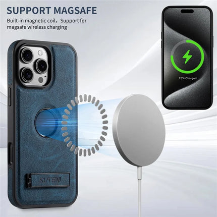 SUTENI G2 For iPhone 16 Pro Max Magnetic Case Kickstand Litchi Texture Leather+TPU Cover