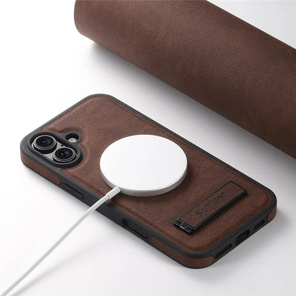 SUTENI G2 For iPhone 16 Magnetic Case Kickstand Litchi Texture Leather+TPU Cover